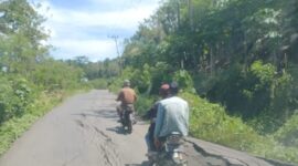 Kondisi jalan raya Pendopo-Padang Tepong mengalami rusak dan dikeluhkan pengguna jalan.(foto: Anggita)