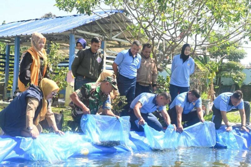 Danlanud menebar benih ikan nila sebagai dukungan progam ketahanan pangan nasional. (foto: Humas Lanud Husein Sastranegara)