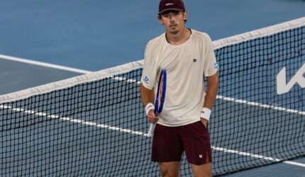Alex de Minaur celebrates a win over Frances Tiafoe during the 2026 Australian Open.