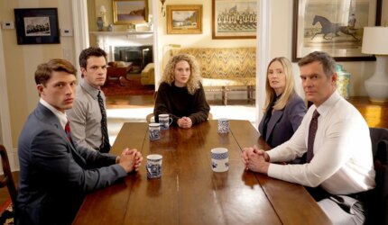 Line of Fire (l-r) Taylor Bloom as Russ Hollingsworth, Tommy O'Brien as Mike Jr. Micah Hollingsworth, Kat Cunning as Clare Hollingsworth, Hope Davis as Jane Hollingsworth, Peter Krause as Mike Hollingsworth