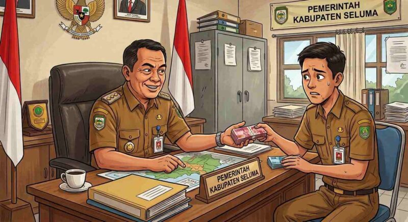 Ilustrasi oknum pejabat di Kabupaten Seluma meminta sejumlah uang (fee) pada PPTK dan perusahaan rekanan pengadaan BMHP dan Obat. (AI/warta aspirasi)